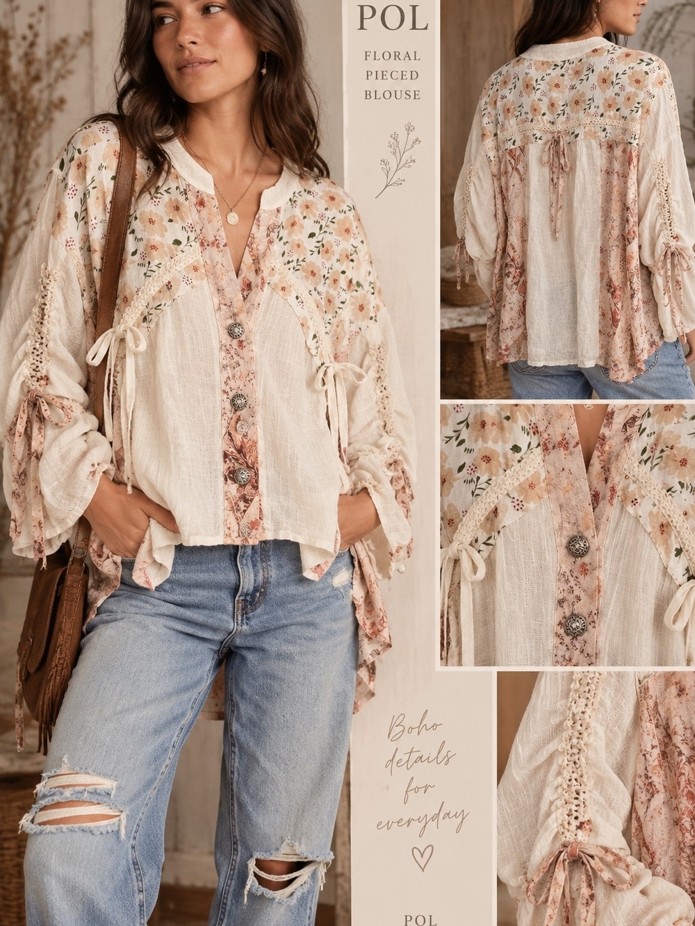 POL Cream Floral Patchwork Blouse with Pink Accents